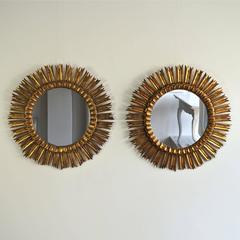 Pair of Large Mid-Century Carved Giltwood Vintage Sunburst Mirrors