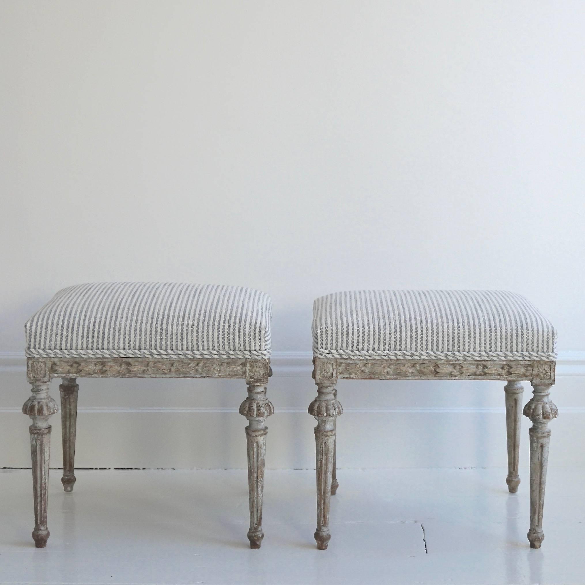Hand-Carved Pair of Early 19th Century, Swedish, Gustavian Period Stools in Original Paint