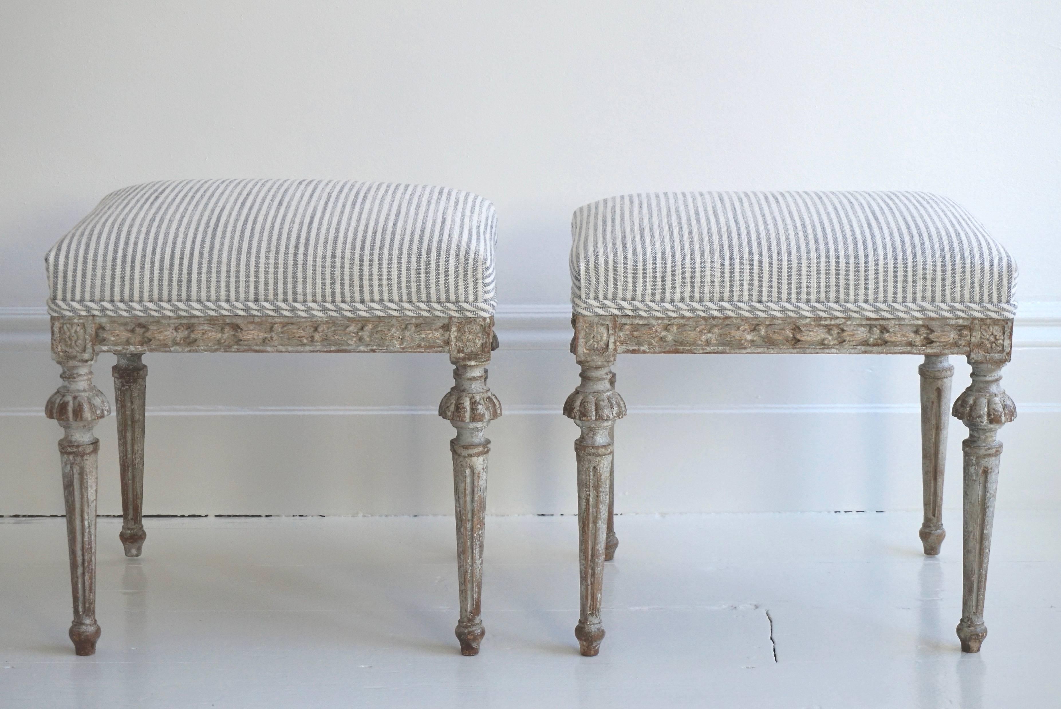 Wood Pair of Early 19th Century, Swedish, Gustavian Period Stools in Original Paint