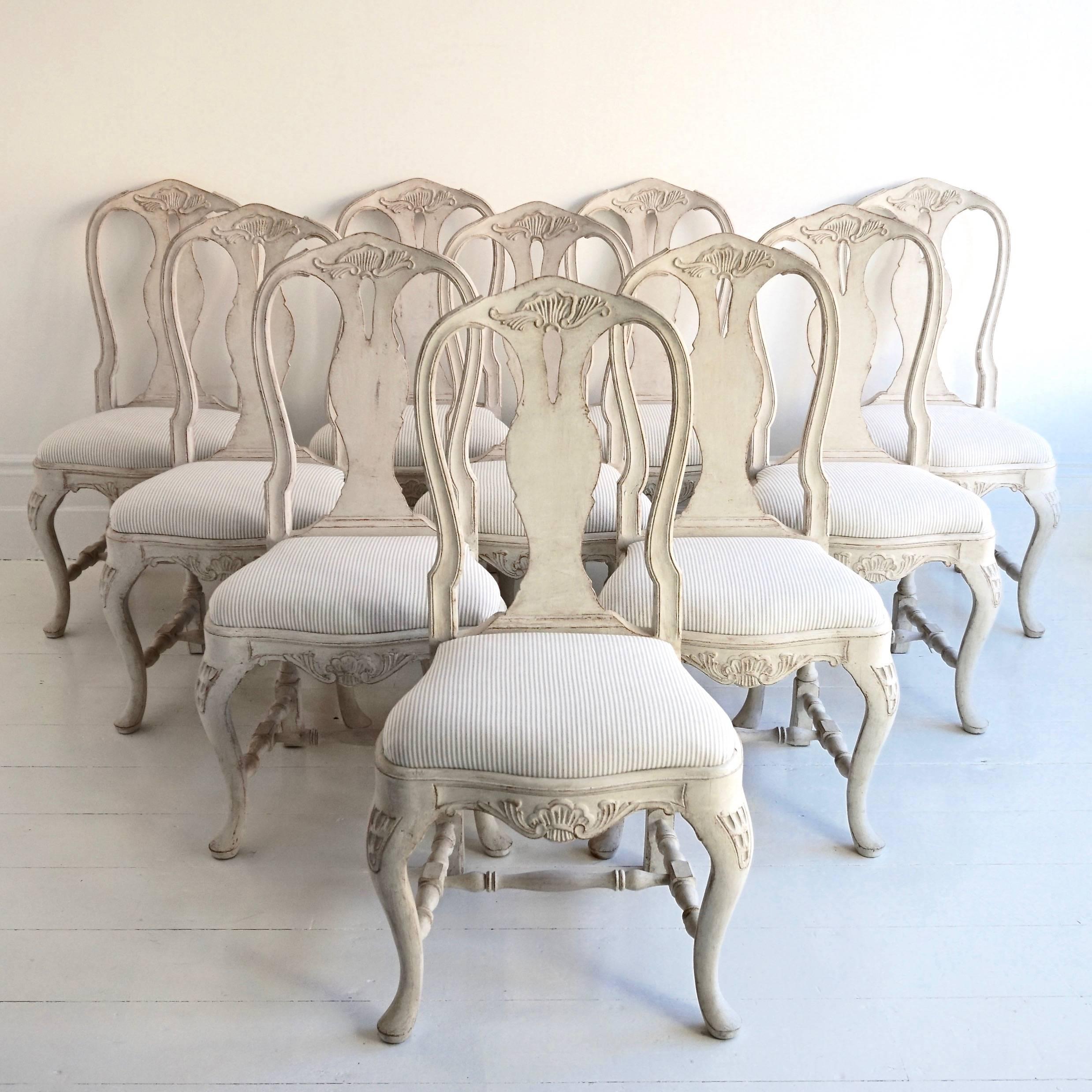 Hand-Carved Set of Ten Antique Swedish Rococo Style Dining Chairs