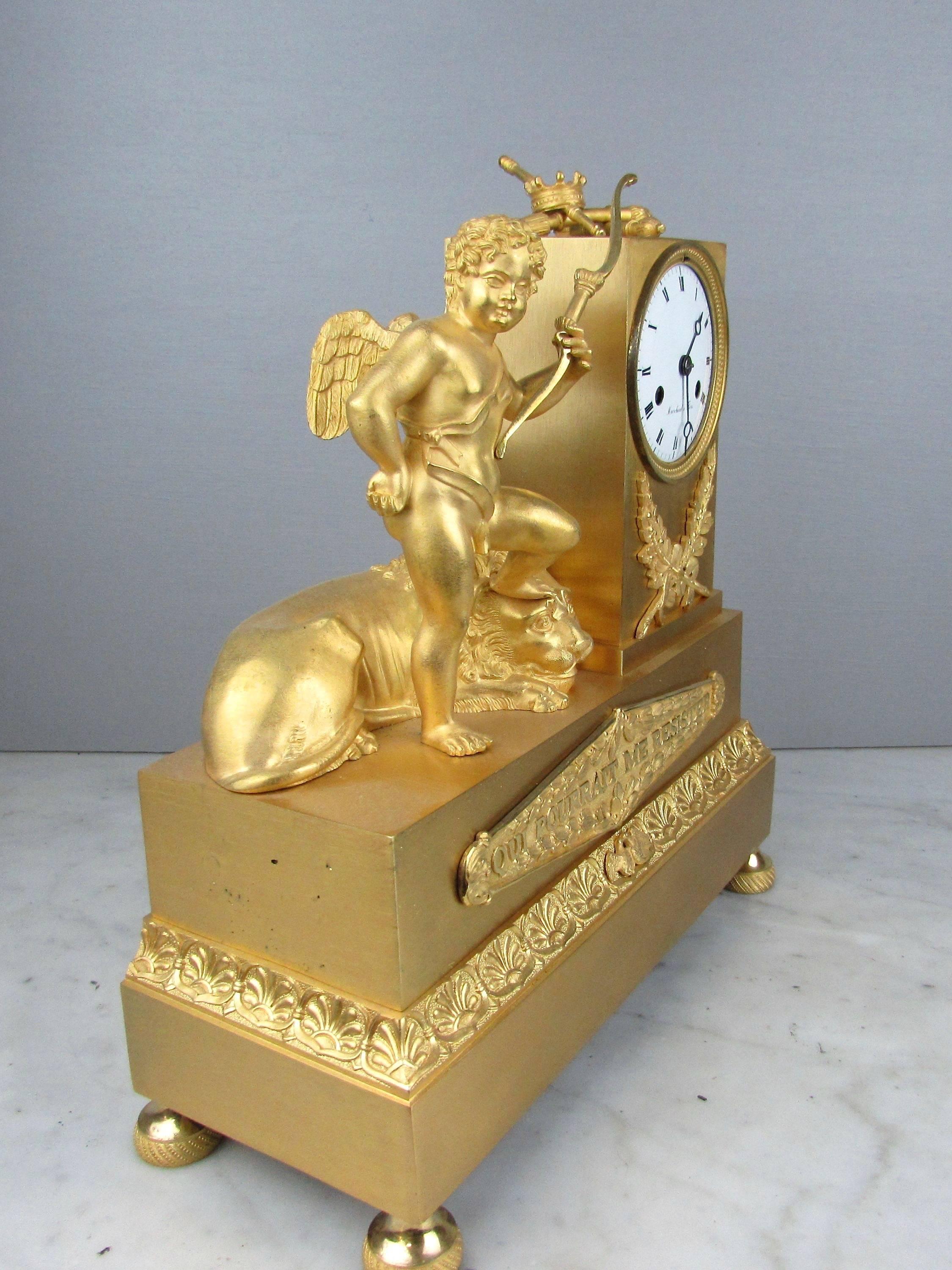 Empire Early 19th Century French Gilded Ormolu Mantle Clock For Sale