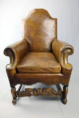 19th Century French Leather Library Chair with Primitive Carved Detailing