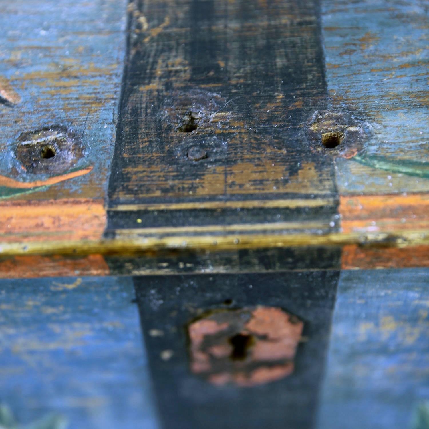 Moody Blues: Provincial, capacious Swedish coffer or chest having original paintwork, ironwork and candle or till box inside. With a faded blue ground to the exterior decorated with garlands of roses, initials (SND) and the date 1841 - referencing