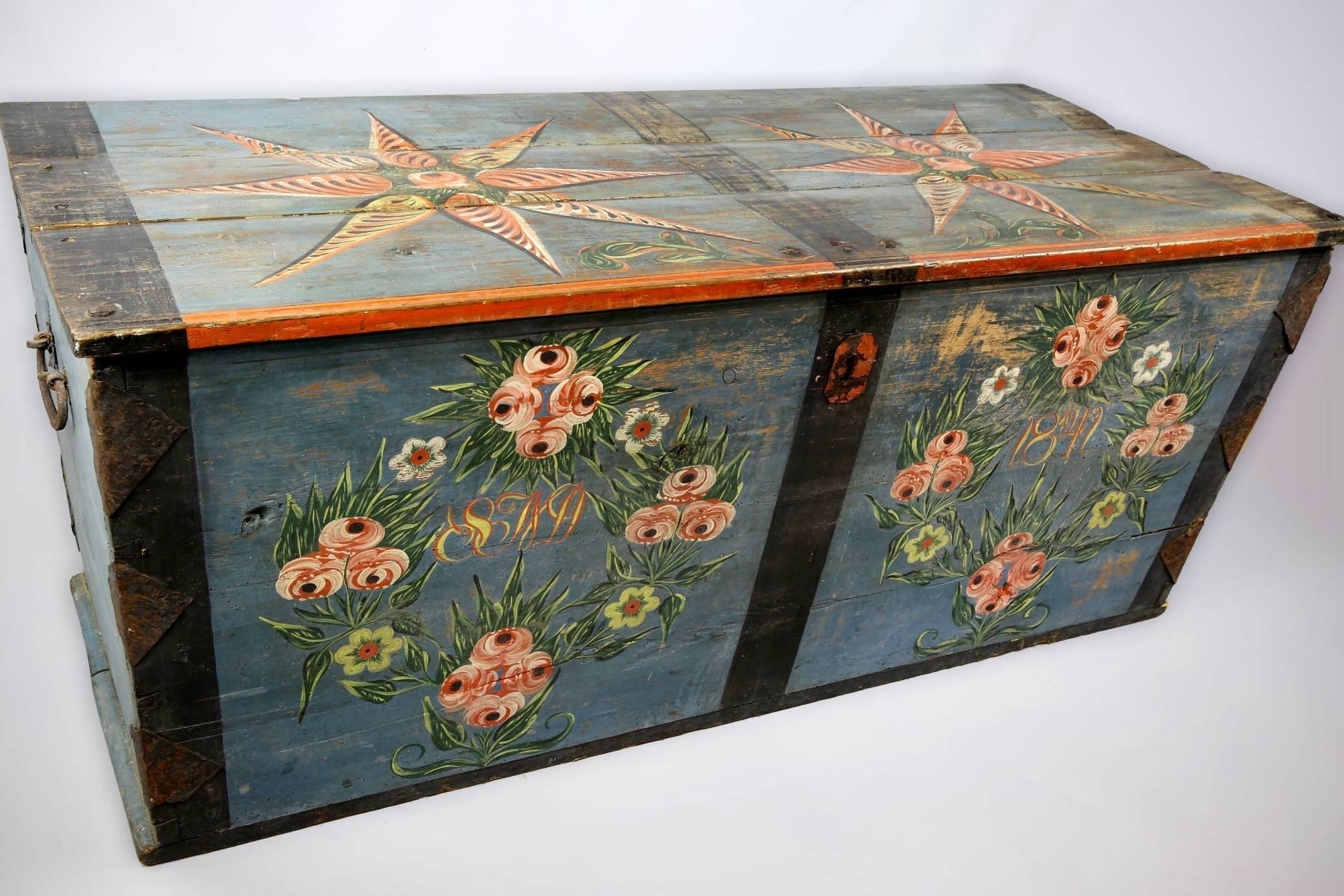 Early 19th Century Provincial Swedish Pine Marriage Chest w/ Orig Blue Paintwork 1