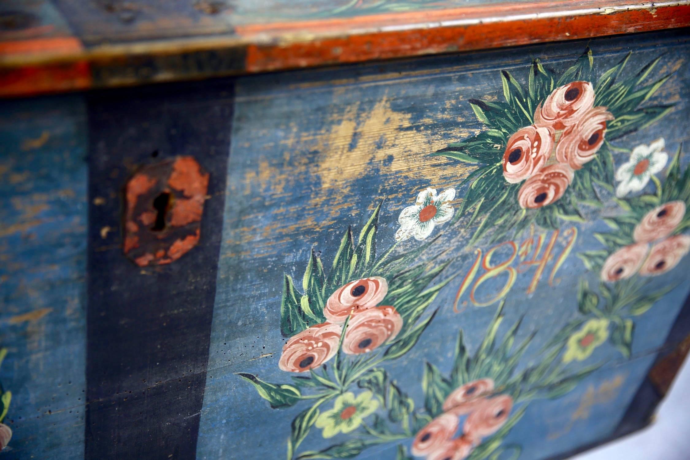 Early 19th Century Provincial Swedish Pine Marriage Chest w/ Orig Blue Paintwork 2