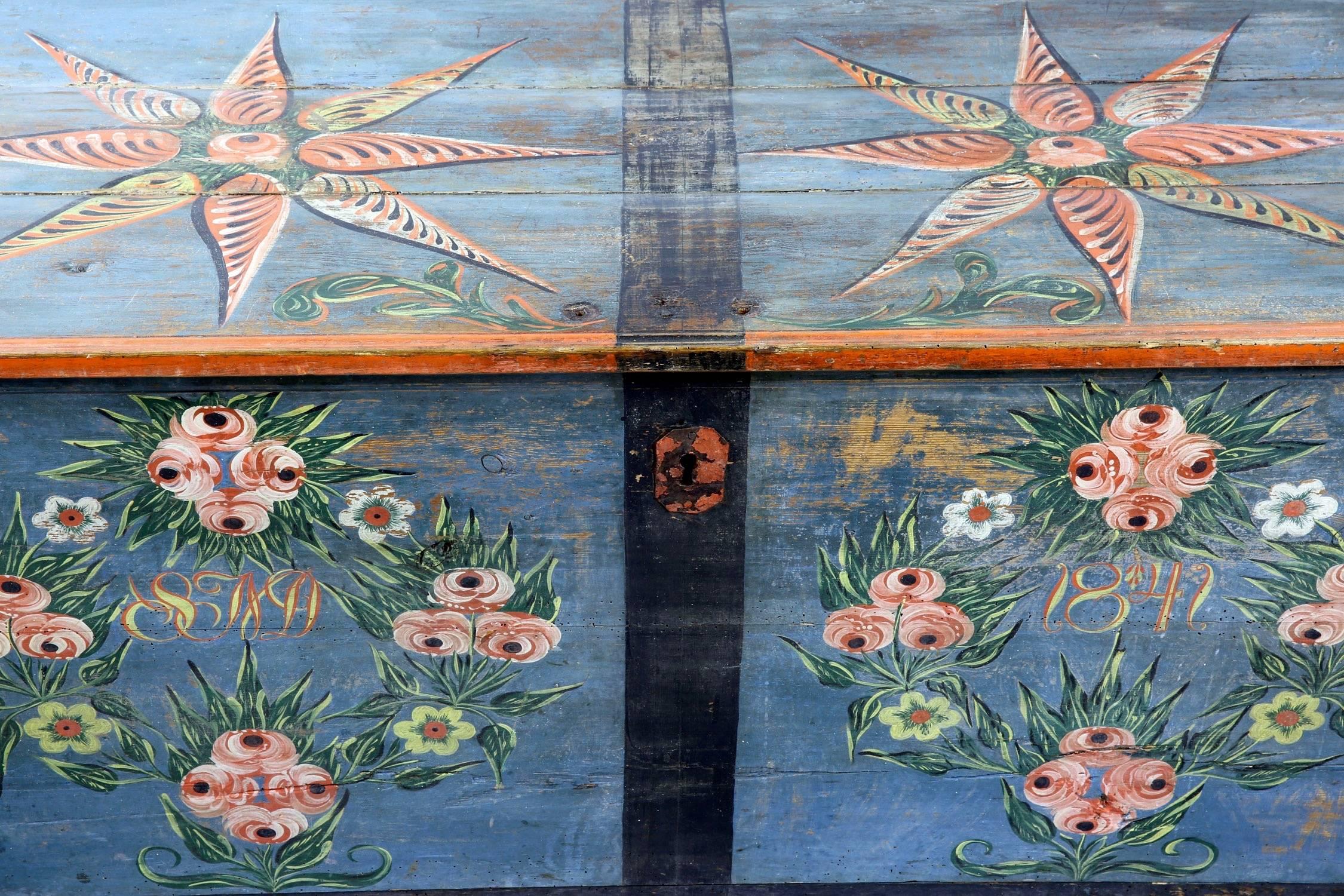 Early 19th Century Provincial Swedish Pine Marriage Chest w/ Orig Blue Paintwork 5
