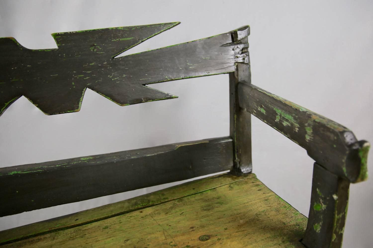 Romanian 19th Century Primitive, Painted, Carpathian Mountains Bench with Zigzag Back For Sale