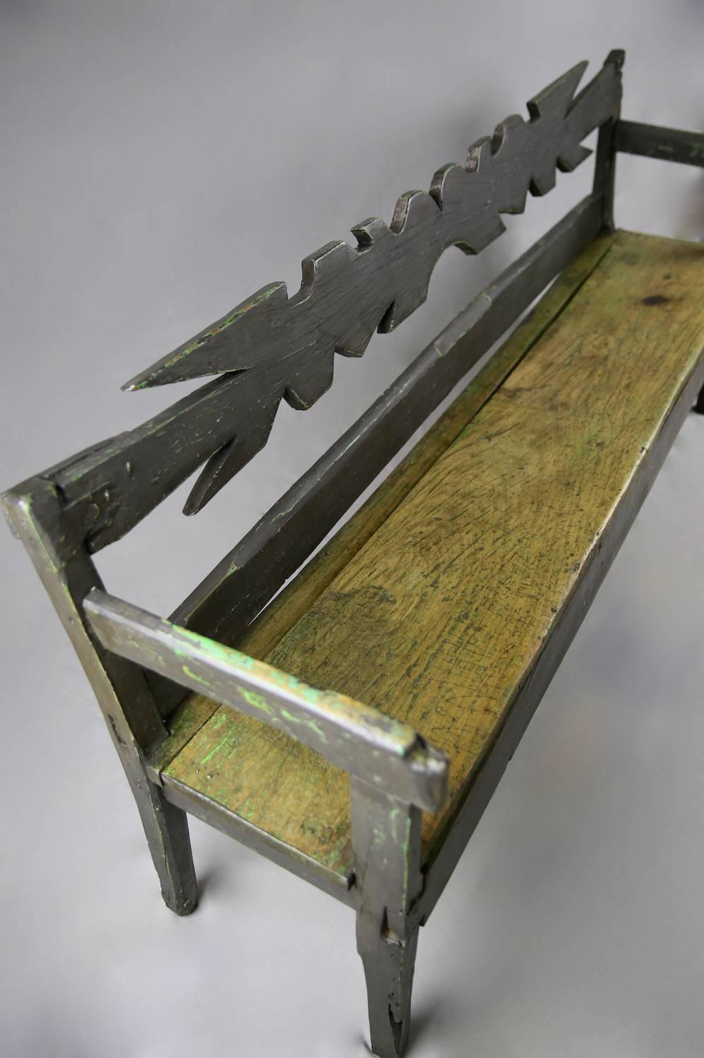 Hand-Crafted 19th Century Primitive, Painted, Carpathian Mountains Bench with Zigzag Back For Sale