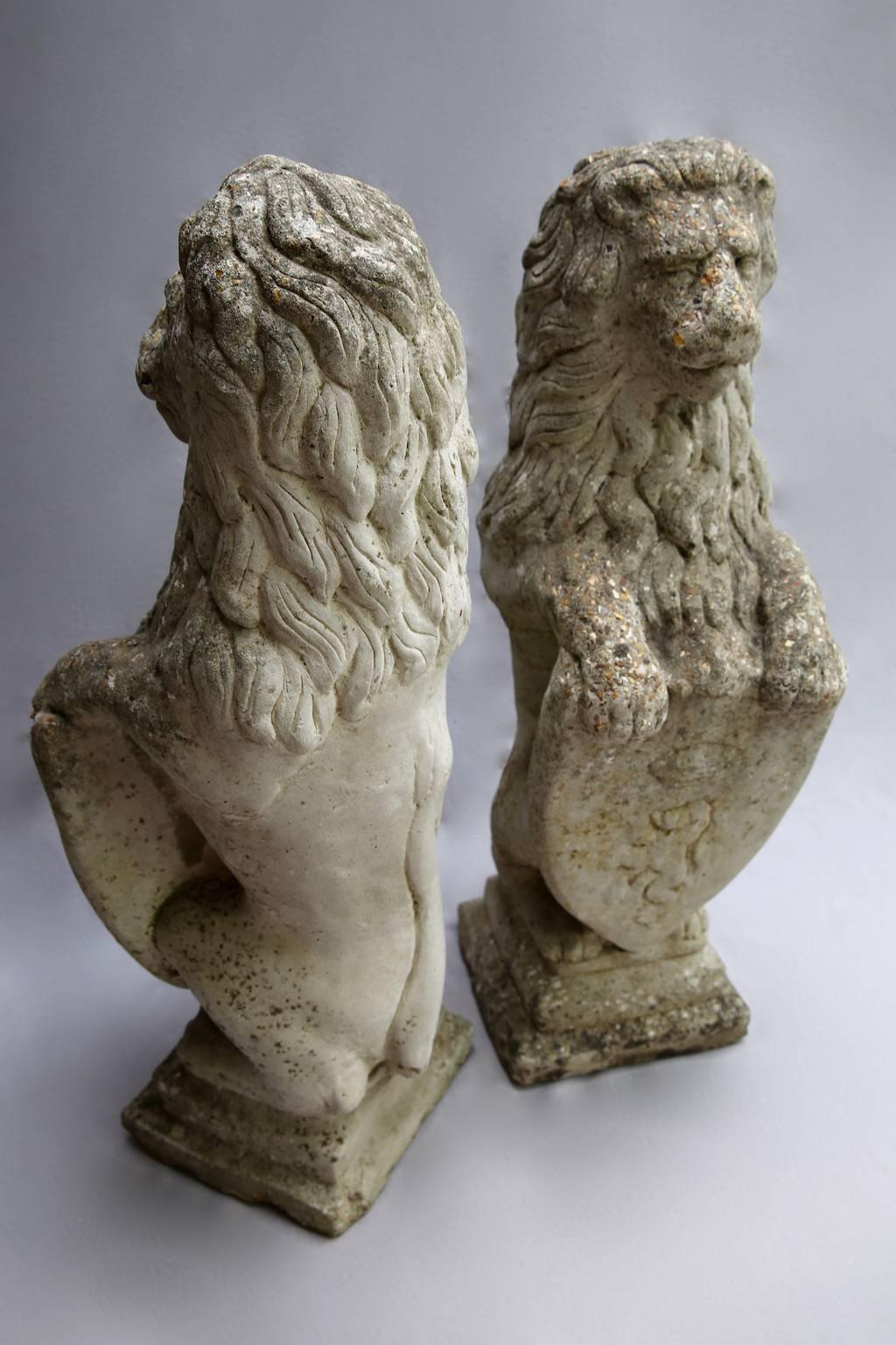 British Pair of Tall Composite Stone English Lions Rampant For Sale