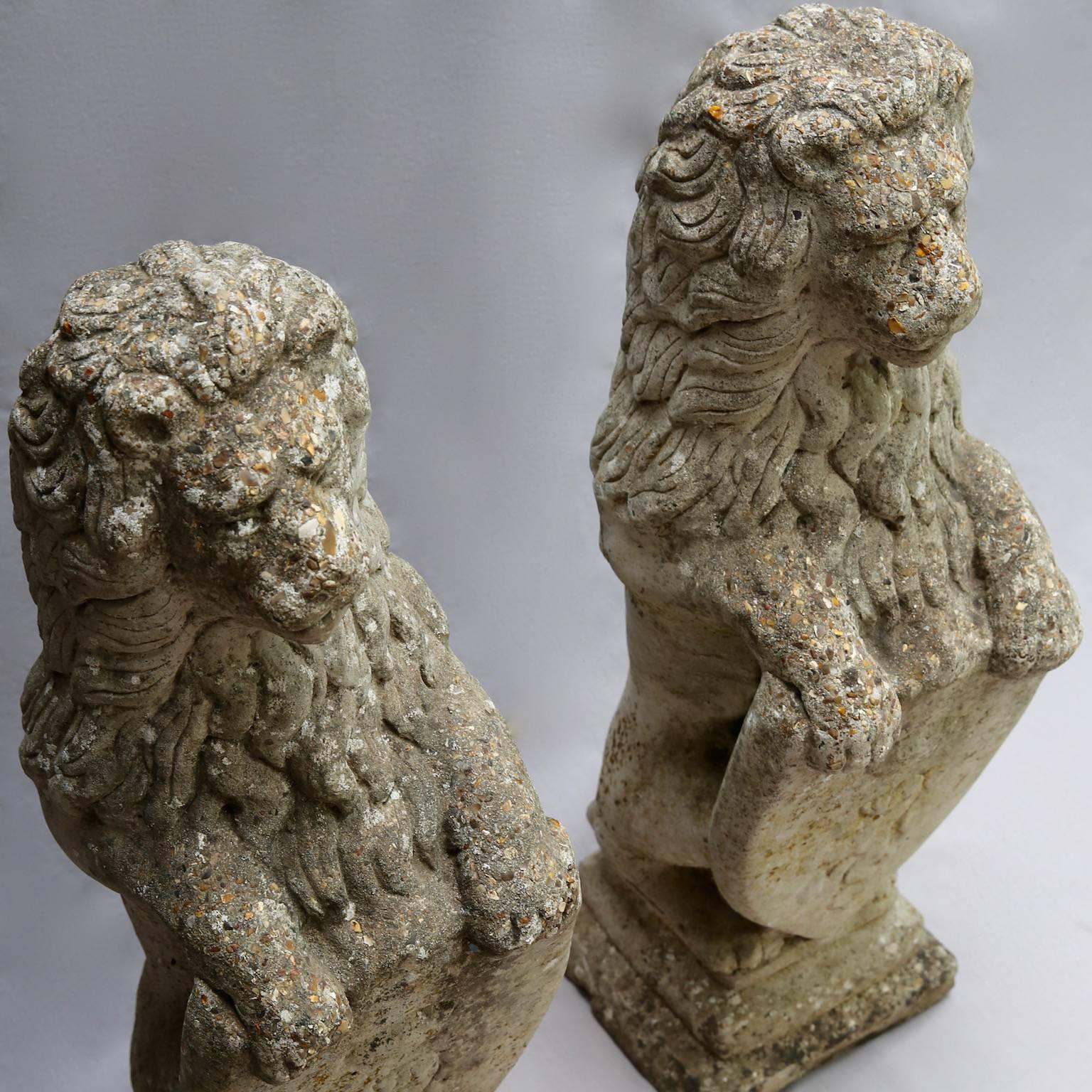 Pair of Tall Composite Stone English Lions Rampant For Sale 2