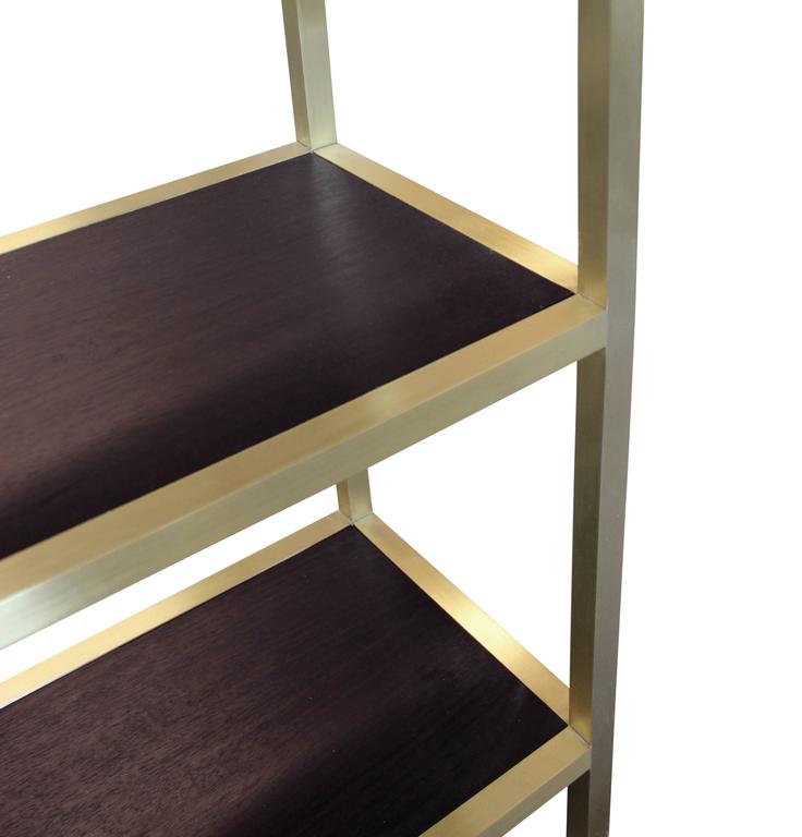 Tall Brass Etagere with Stained Walnut Shelves For Sale at 1stdibs