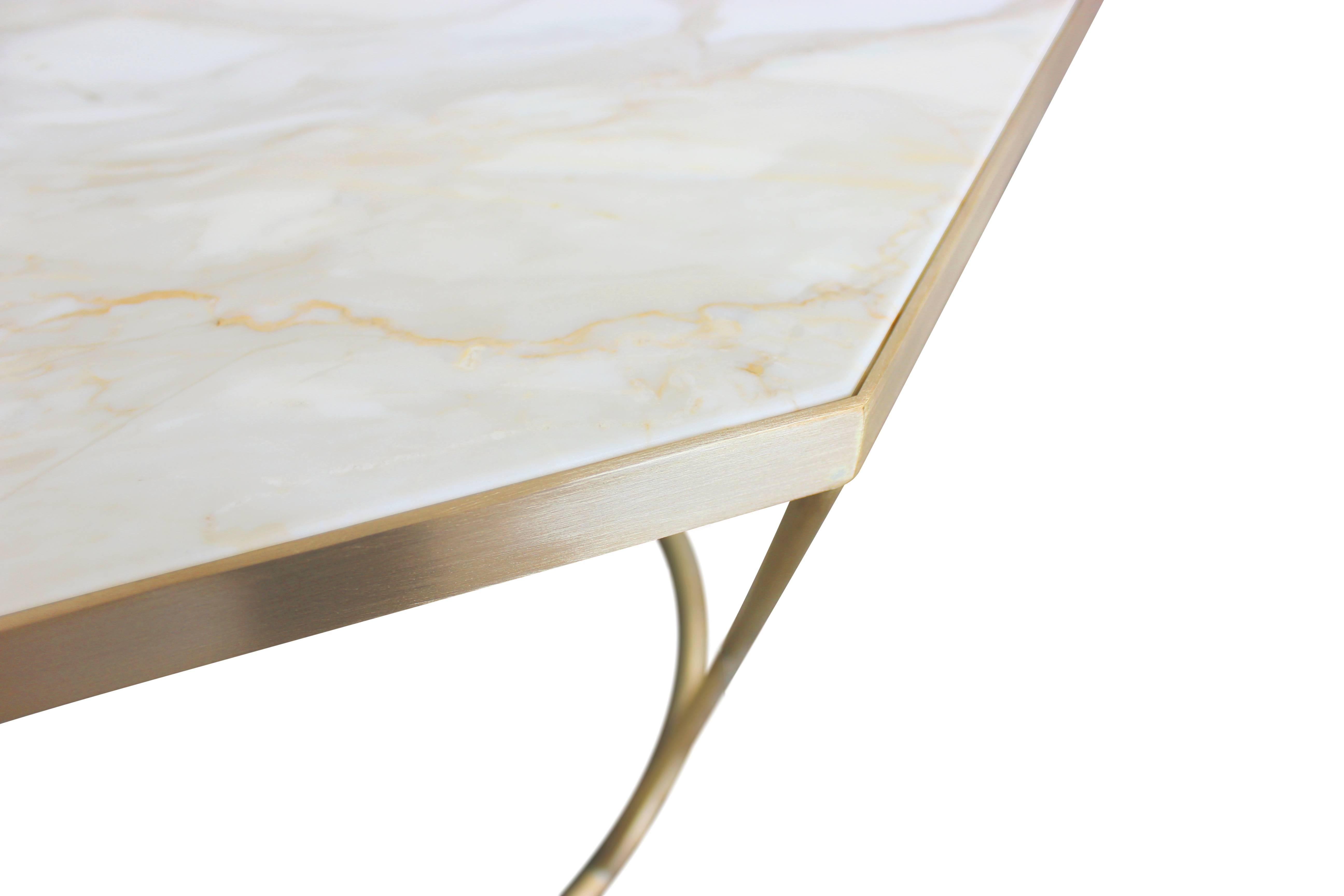 Modern Facet Sculptural Cocktail Table in Satin Bronze with Inset Honed Marble Top. For Sale