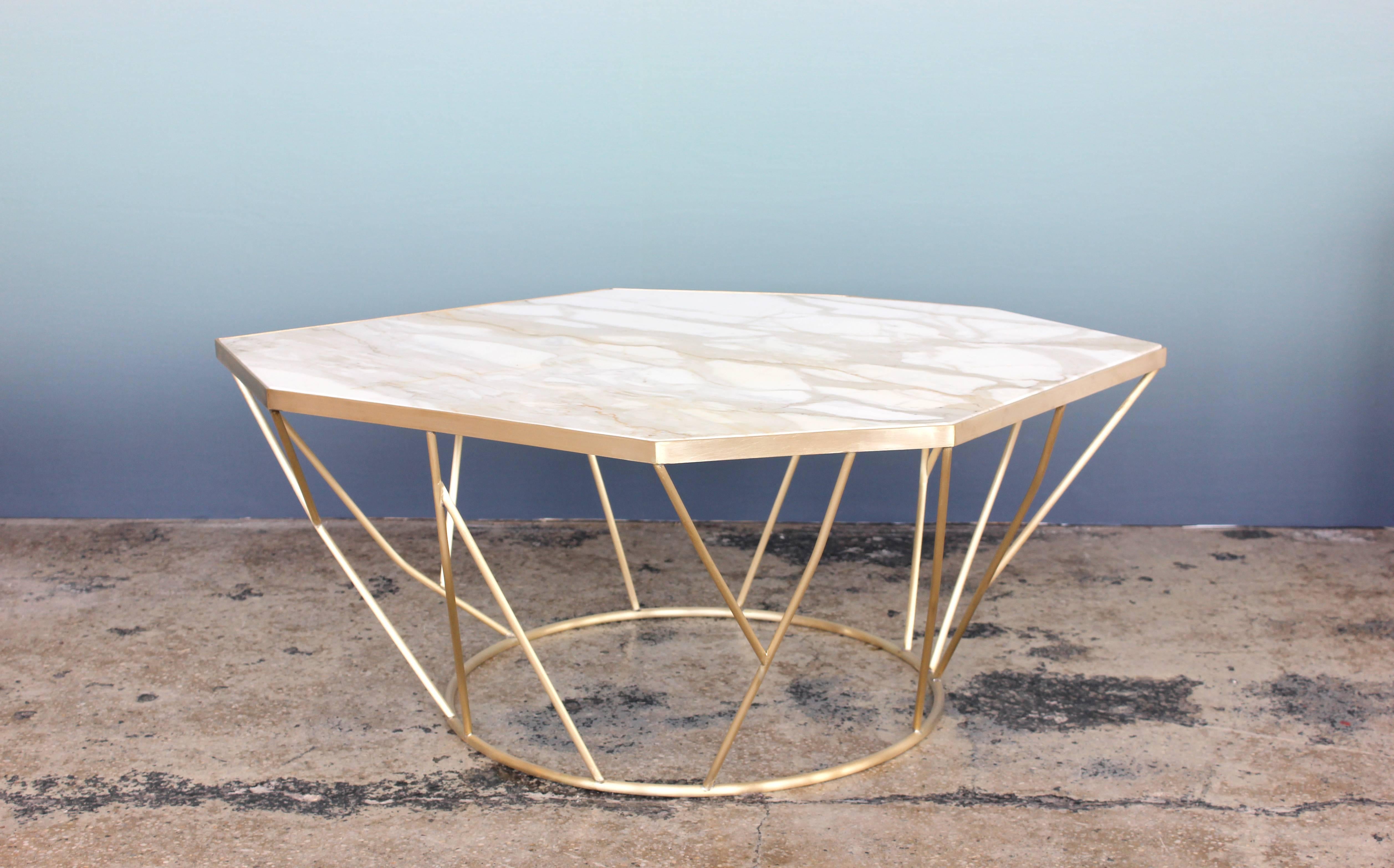 American Facet Sculptural Cocktail Table in Satin Bronze with Inset Honed Marble Top. For Sale