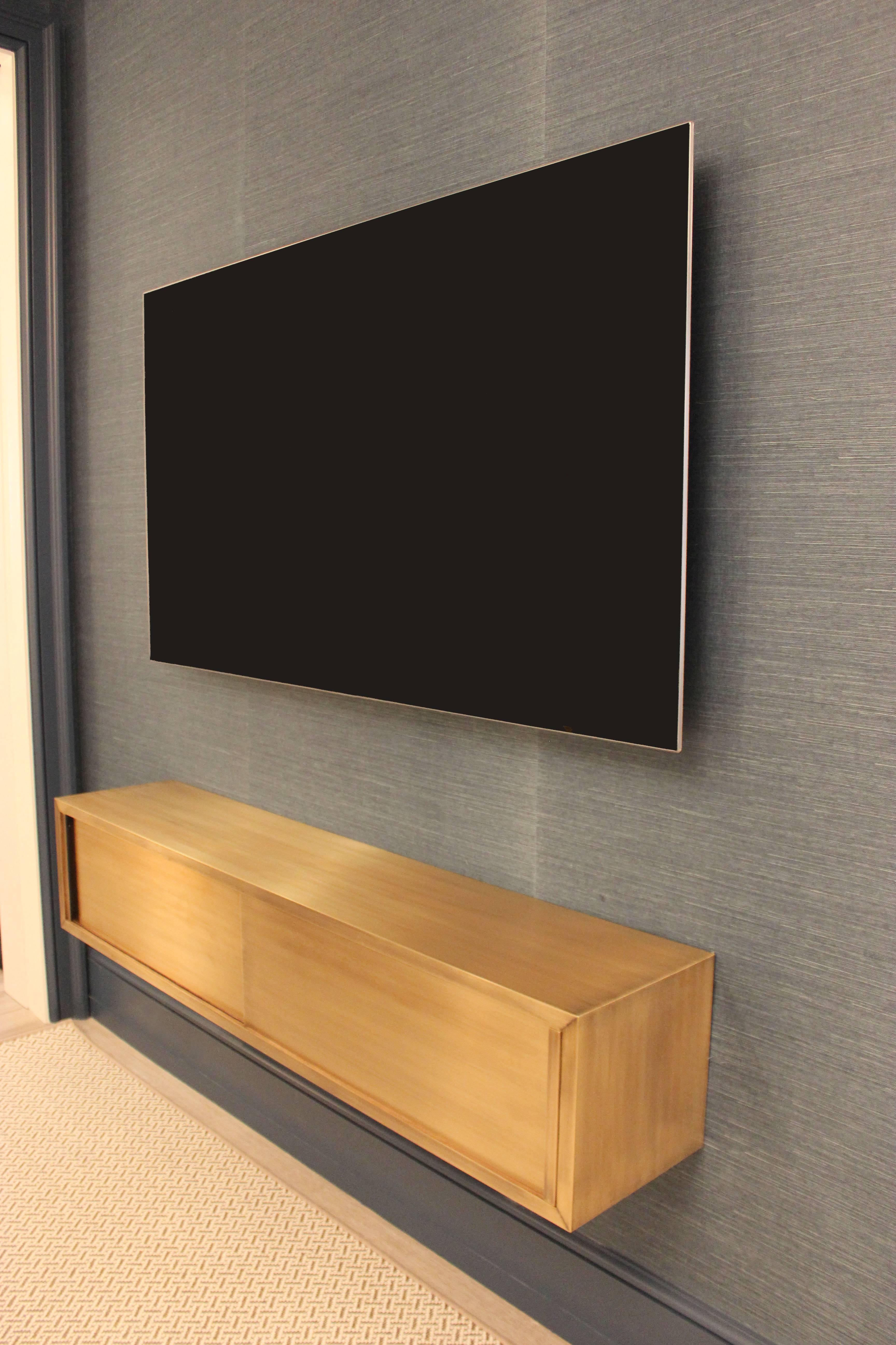 Modern Wall-Mounted Media Console in Patinated Bronze with Sliding Doors For Sale