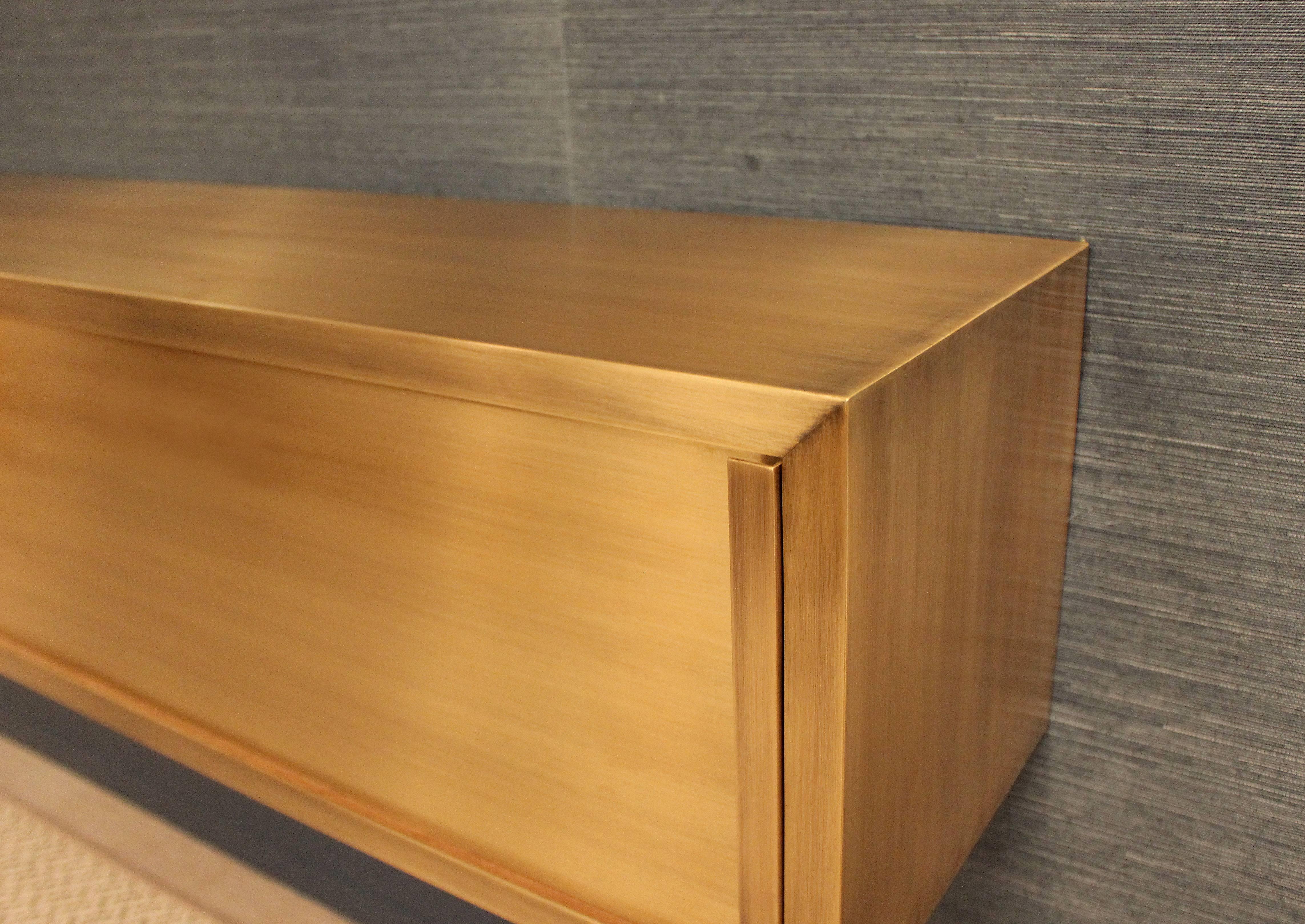 American Wall-Mounted Media Console in Patinated Bronze with Sliding Doors For Sale