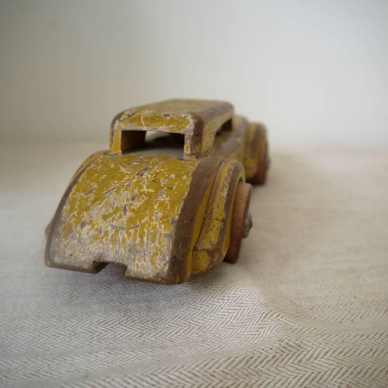 Hand-Painted 1930s French Painted Yellow Wooden Toy Car