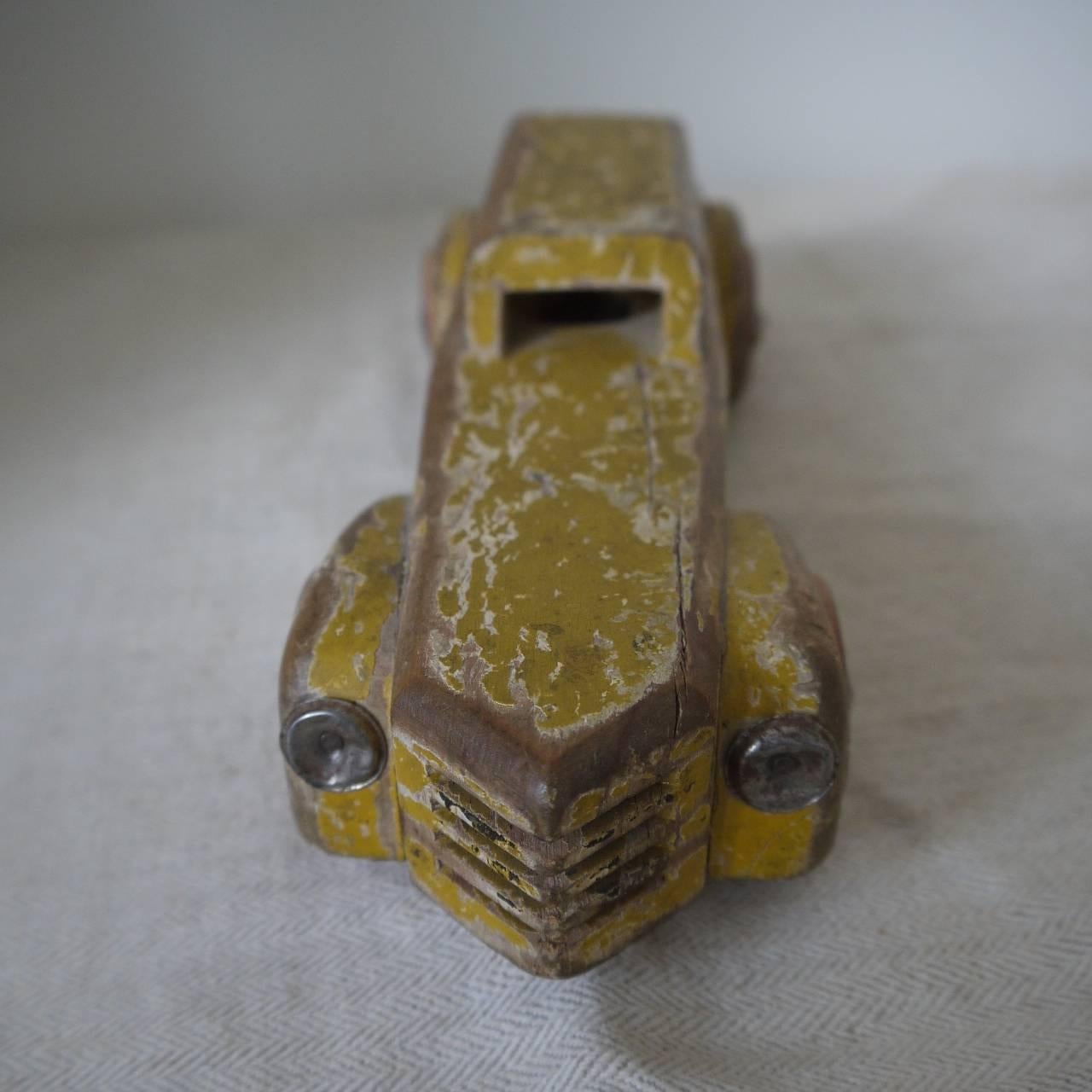 1930s French Painted Yellow Wooden Toy Car In Fair Condition In London, GB