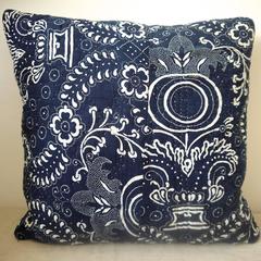 Early 19th Century French Toile De Nimes Indigo Resist Block Printed Pillow
