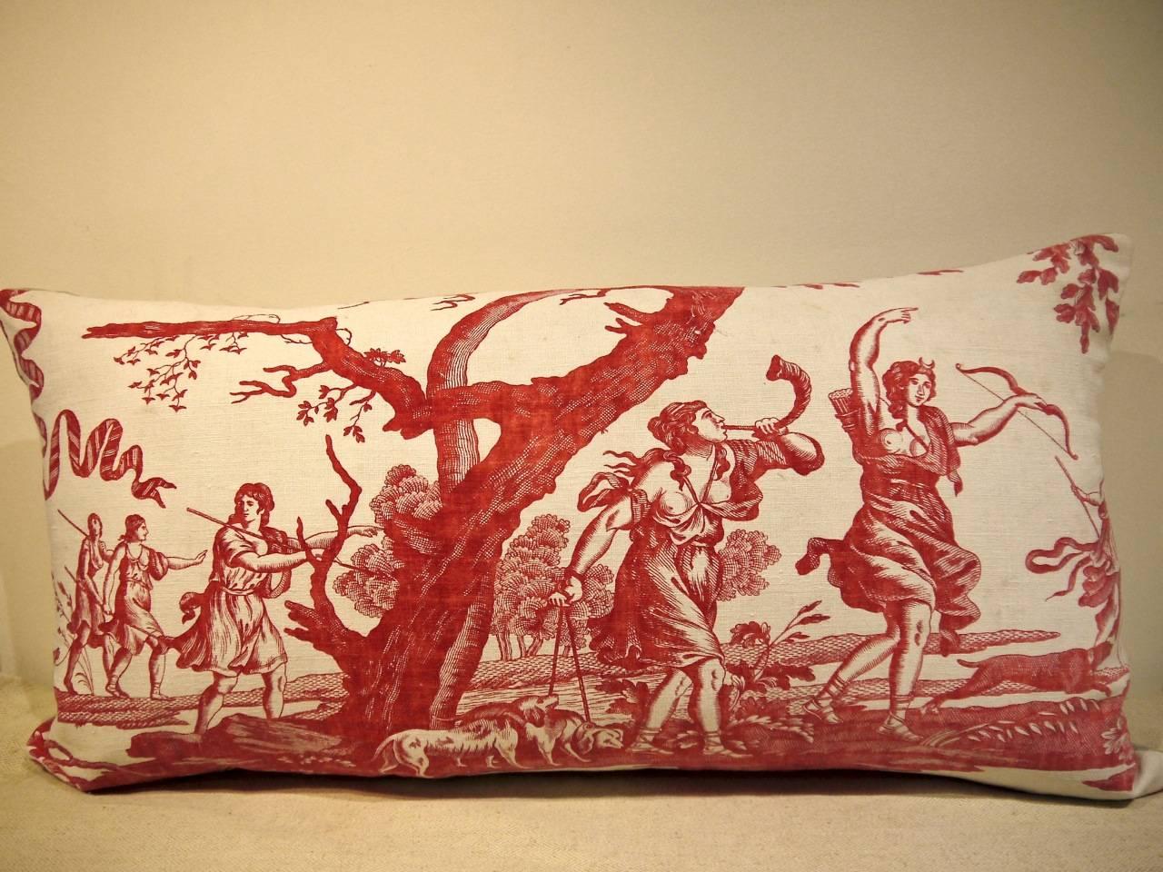 French Toile de Nantes of Diane the huntress printed on cotton cushion, circa 1785. Backed in a 19th century beige linen. Slip stitched closed with a duck feather insert.