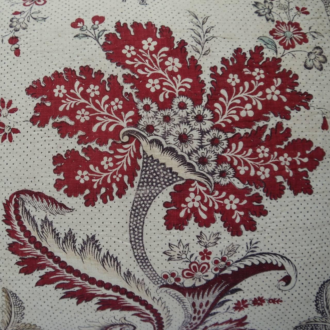 French Provincial Pair of 18th Century French Block Printed Pillows with Stylised Flower