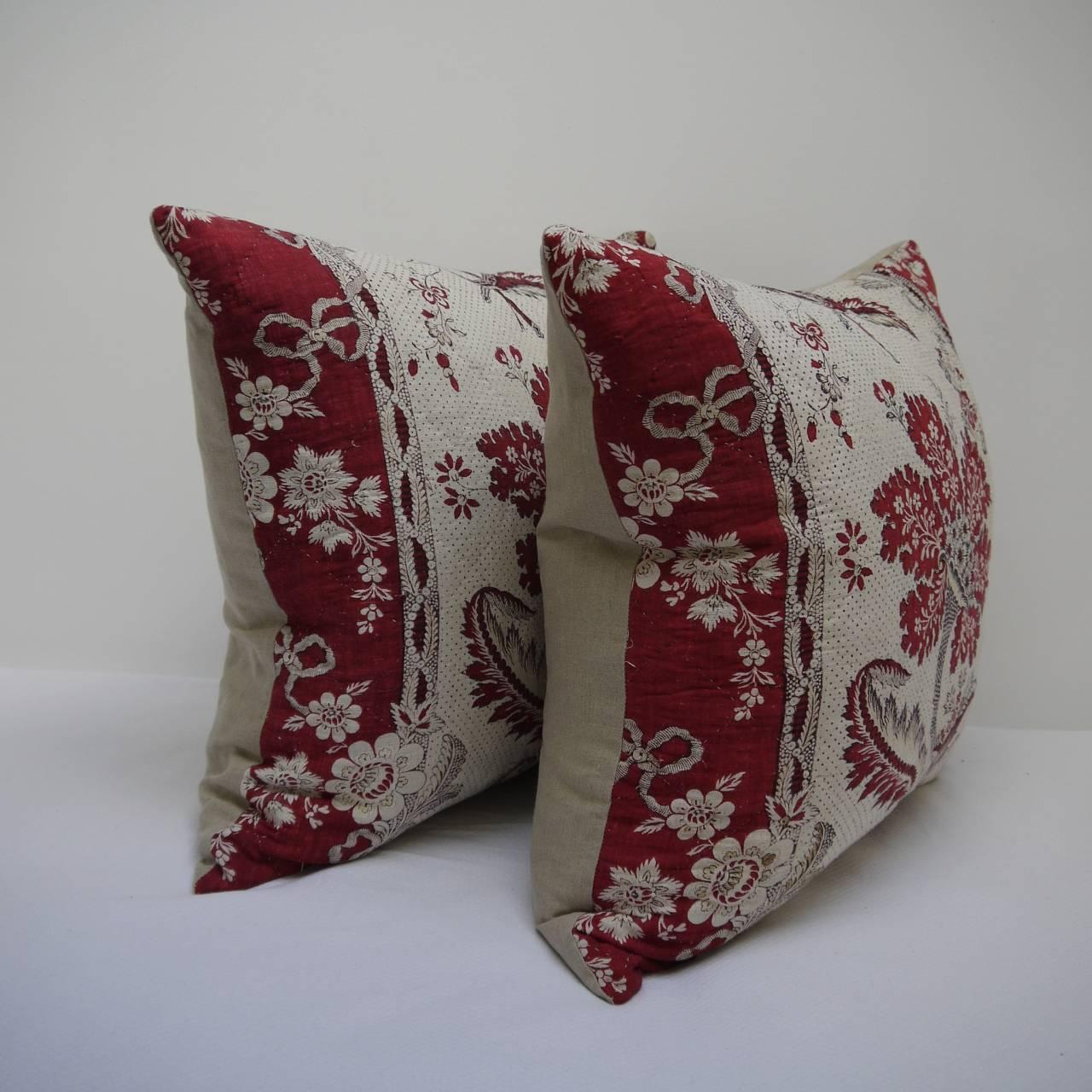 Quilted Pair of 18th Century French Block Printed Pillows with Stylised Flower