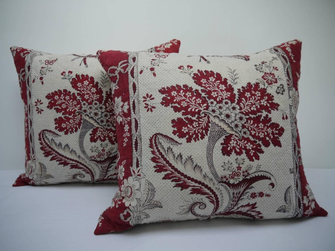 Cotton Pair of 18th Century French Block Printed Pillows with Stylised Flower