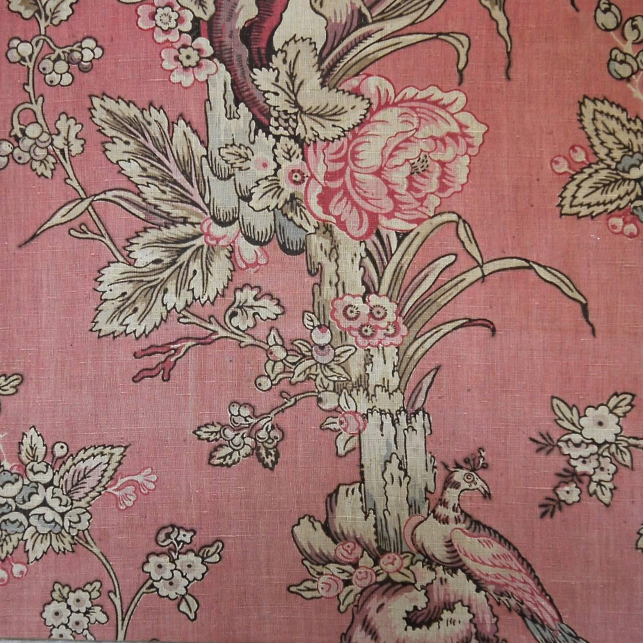 French Provincial  Birds and Roses Dusty Pink Linen Textile on Stretcher French 19th century For Sale