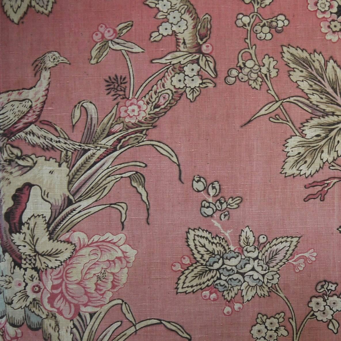 Other  Birds and Roses Dusty Pink Linen Textile on Stretcher French 19th century For Sale