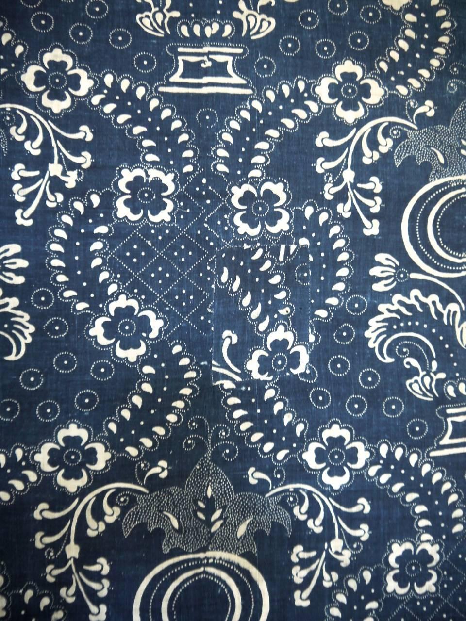 French Indigo Resist Block Printed Cotton Textile on a Stretcher, circa 1800 In Fair Condition In London, GB