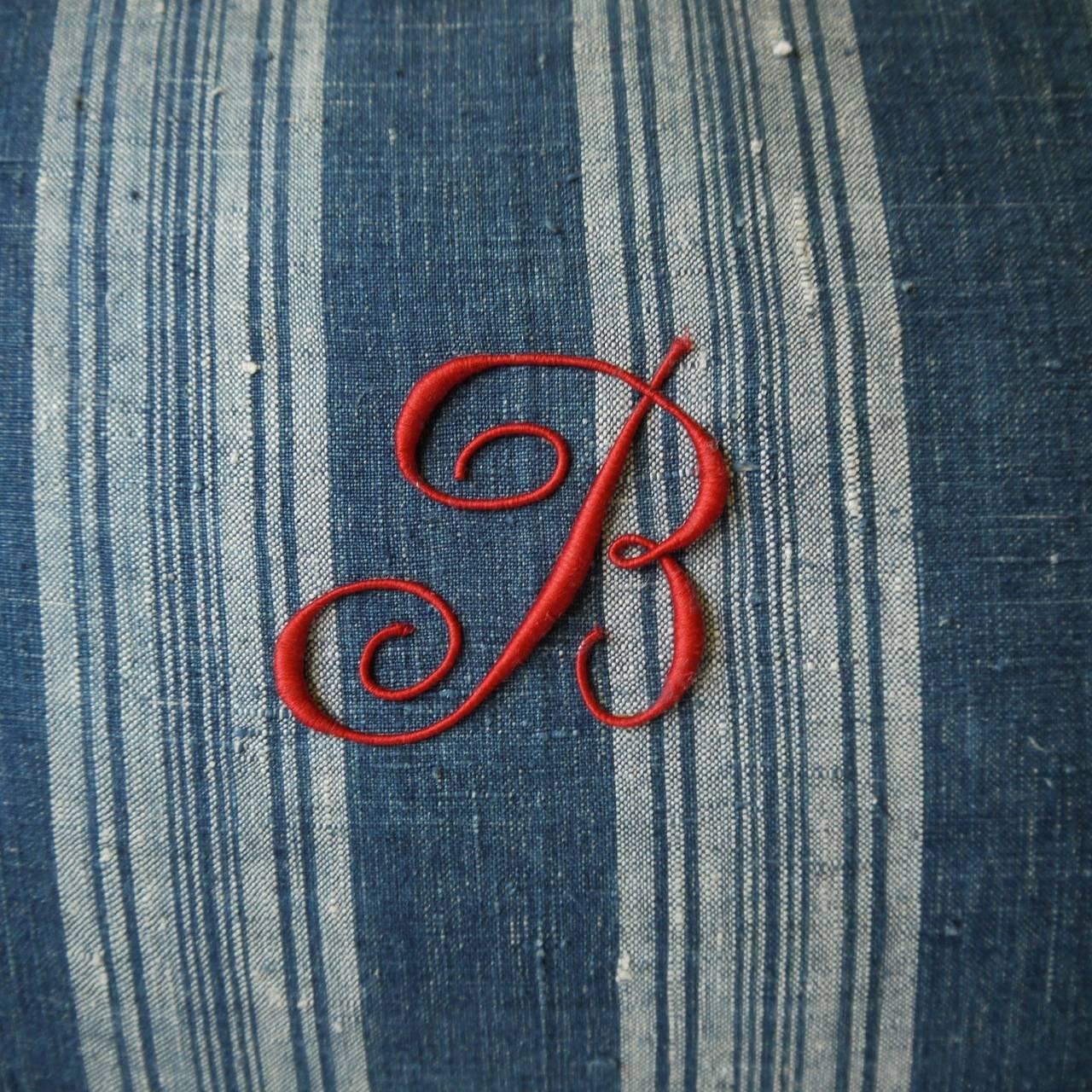 French Provincial Red Monogrammed French Indigo Linen Striped Pillow