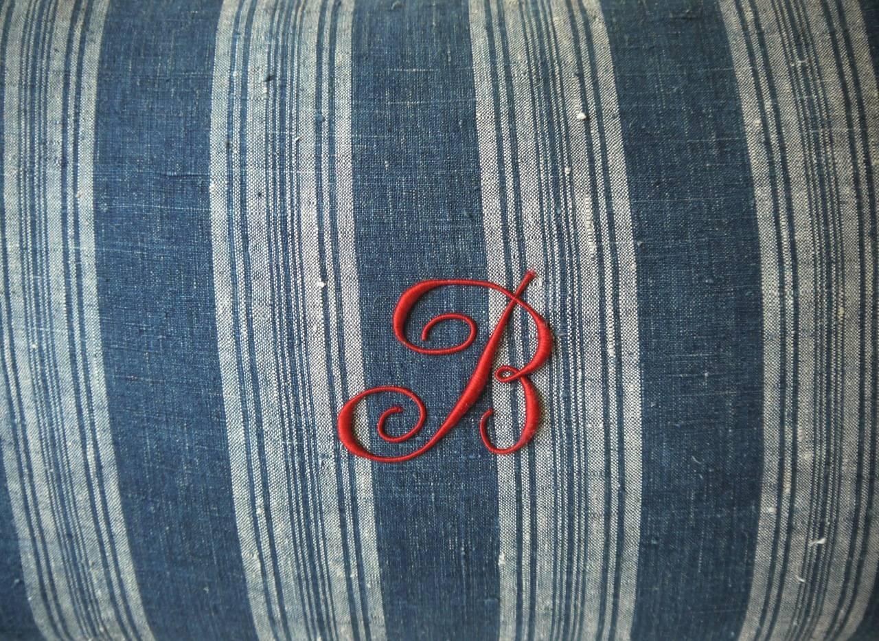 Woven Red Monogrammed French Indigo Linen Striped Pillow