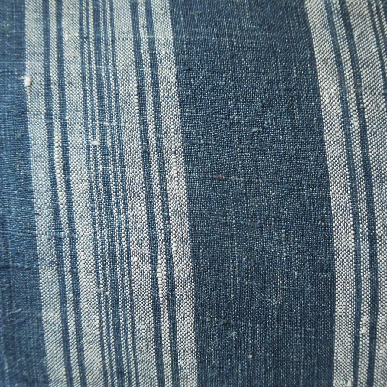 Red Monogrammed French Indigo Linen Striped Pillow In Good Condition In London, GB