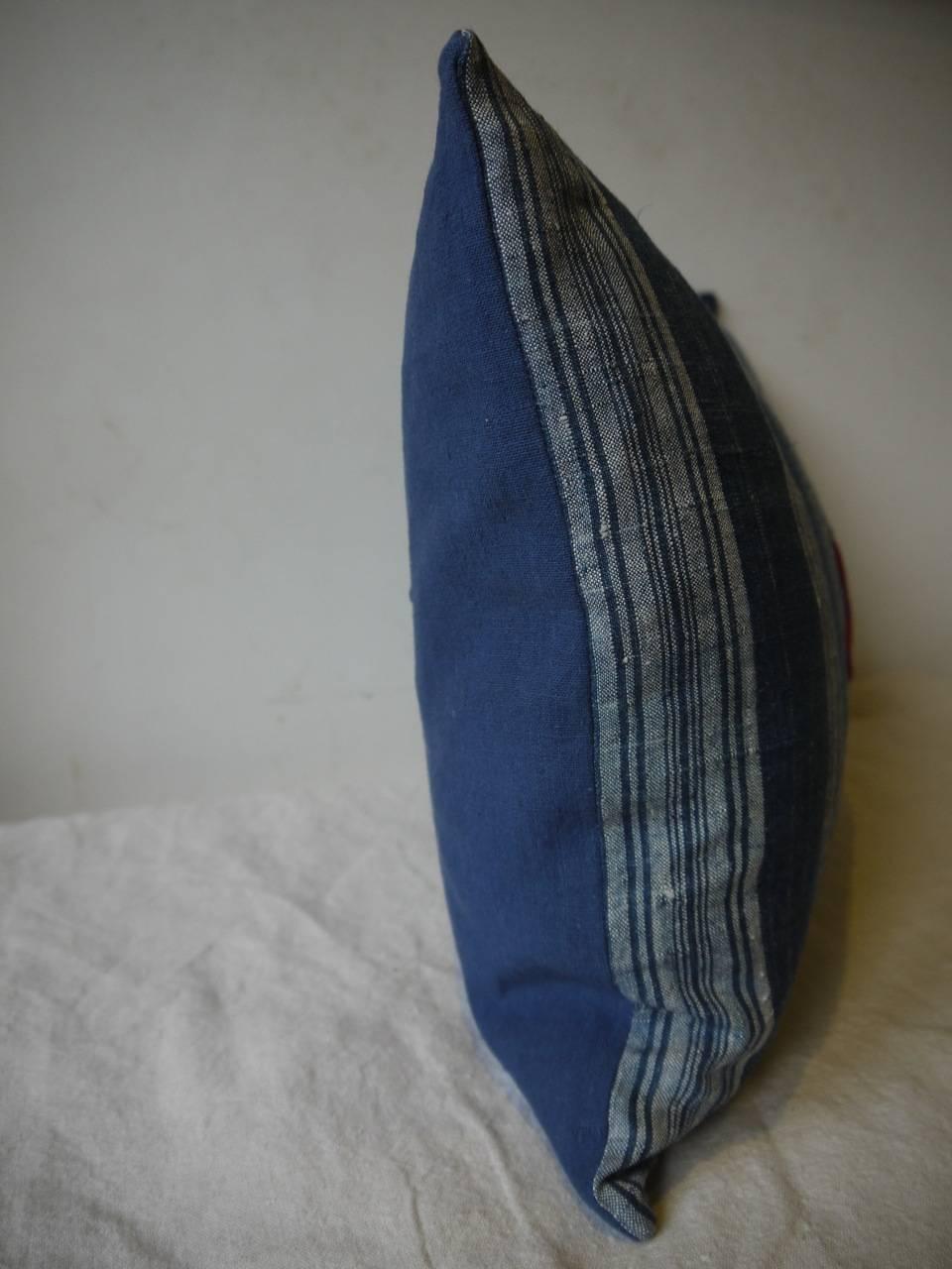 Contemporary Red Monogrammed French Indigo Linen Striped Pillow