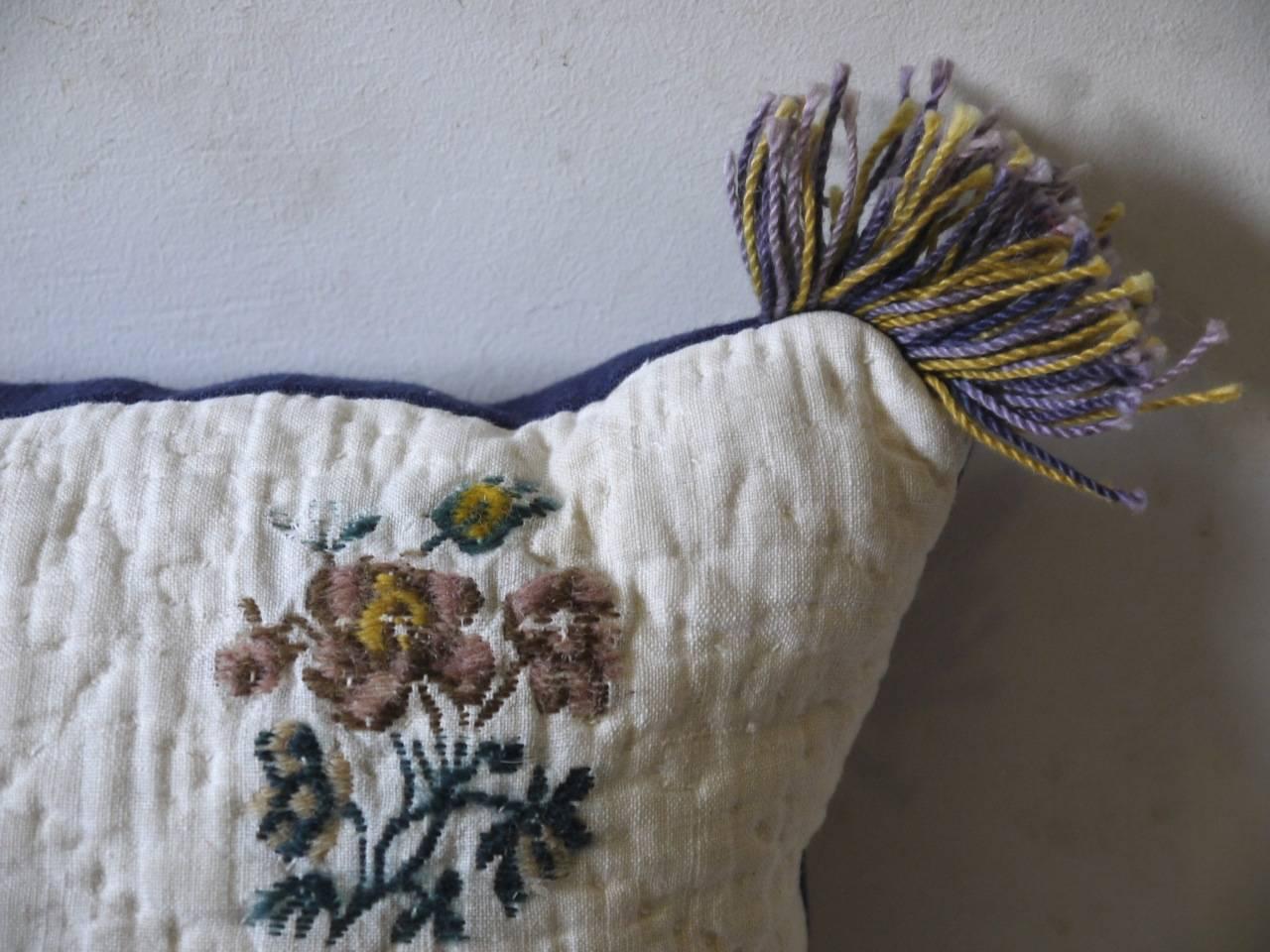 Quilted 18th Century French with Wool Flowers Woven on Linen Pillow