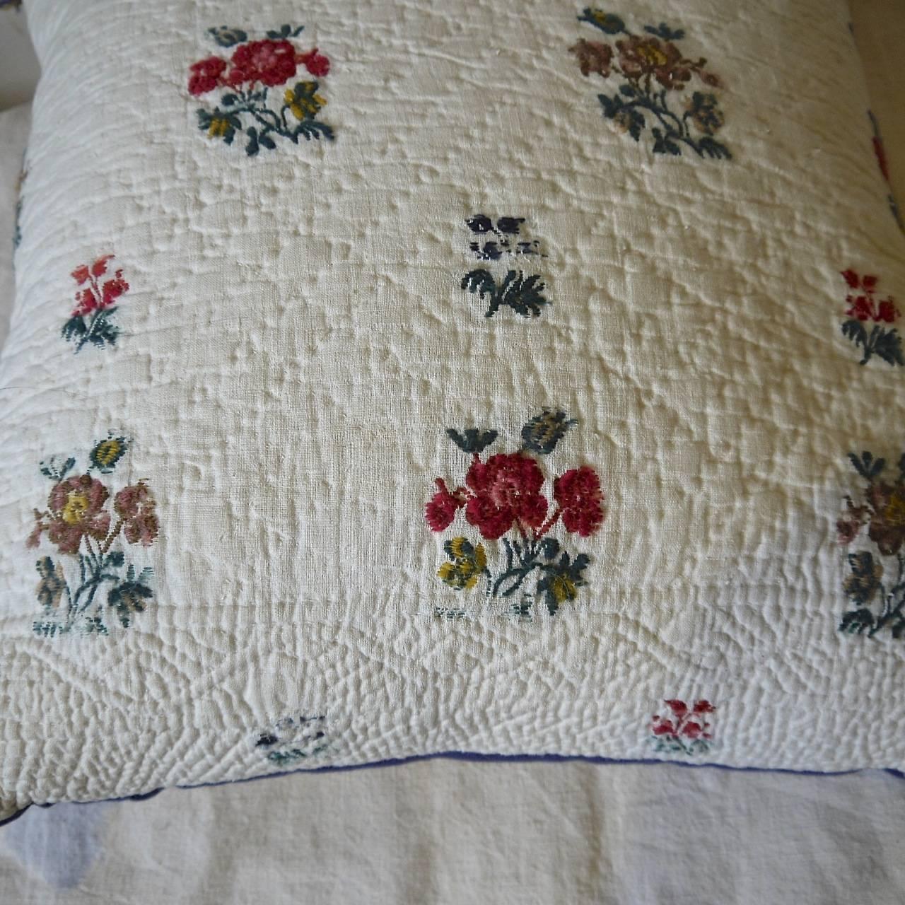 18th Century French with Wool Flowers Woven on Linen Pillow 1
