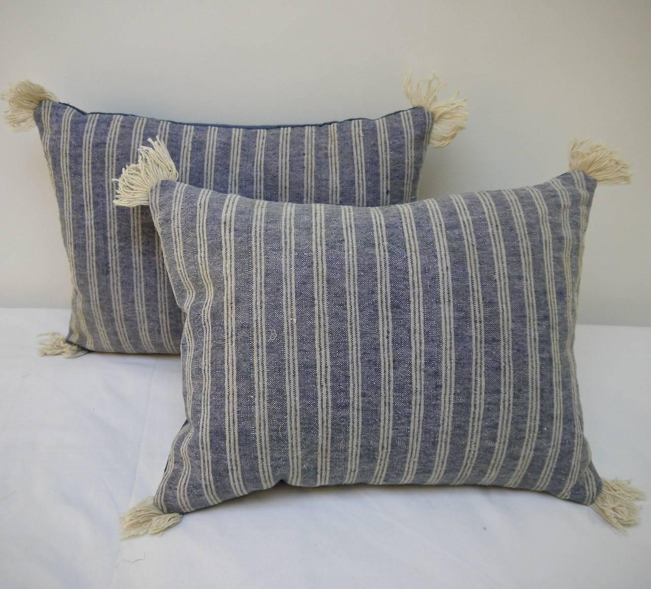 Pair of 19th Century French Antique Woven Striped Pillows For Sale at 1stdibs