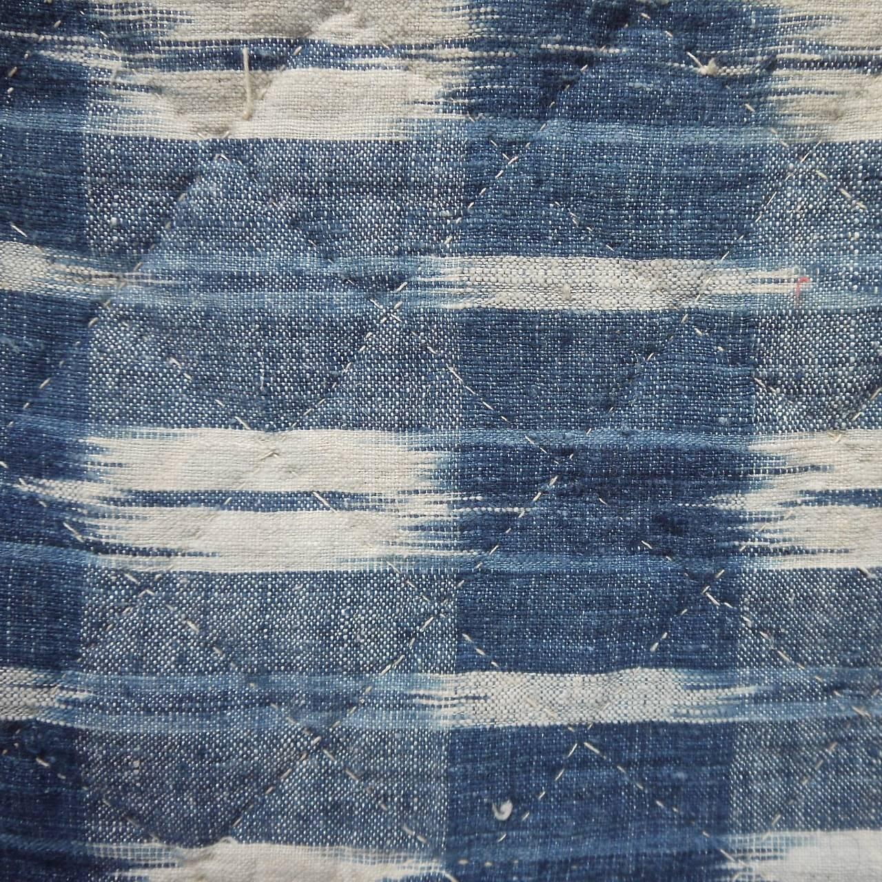 Ikat 18th Century Antique French Indigo Flamme Linen Pelmet with Silk Reverse For Sale
