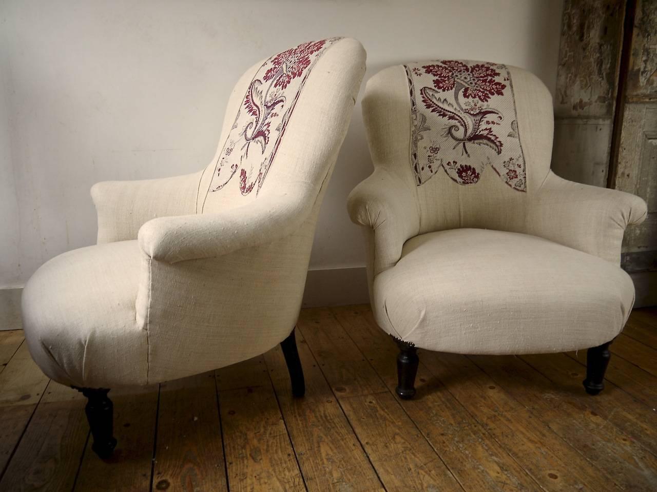 French Pair of  Napoleon III Armchairs with 18th Century Textile Detail