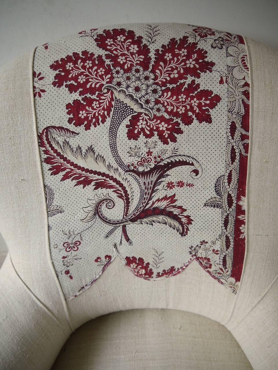 Linen Pair of  Napoleon III Armchairs with 18th Century Textile Detail