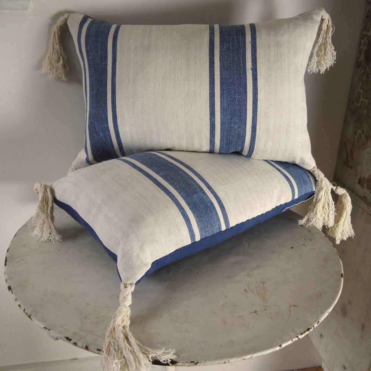 Country Pair of French 19th Century Indigo Linen Herringbone Ticking Pillows