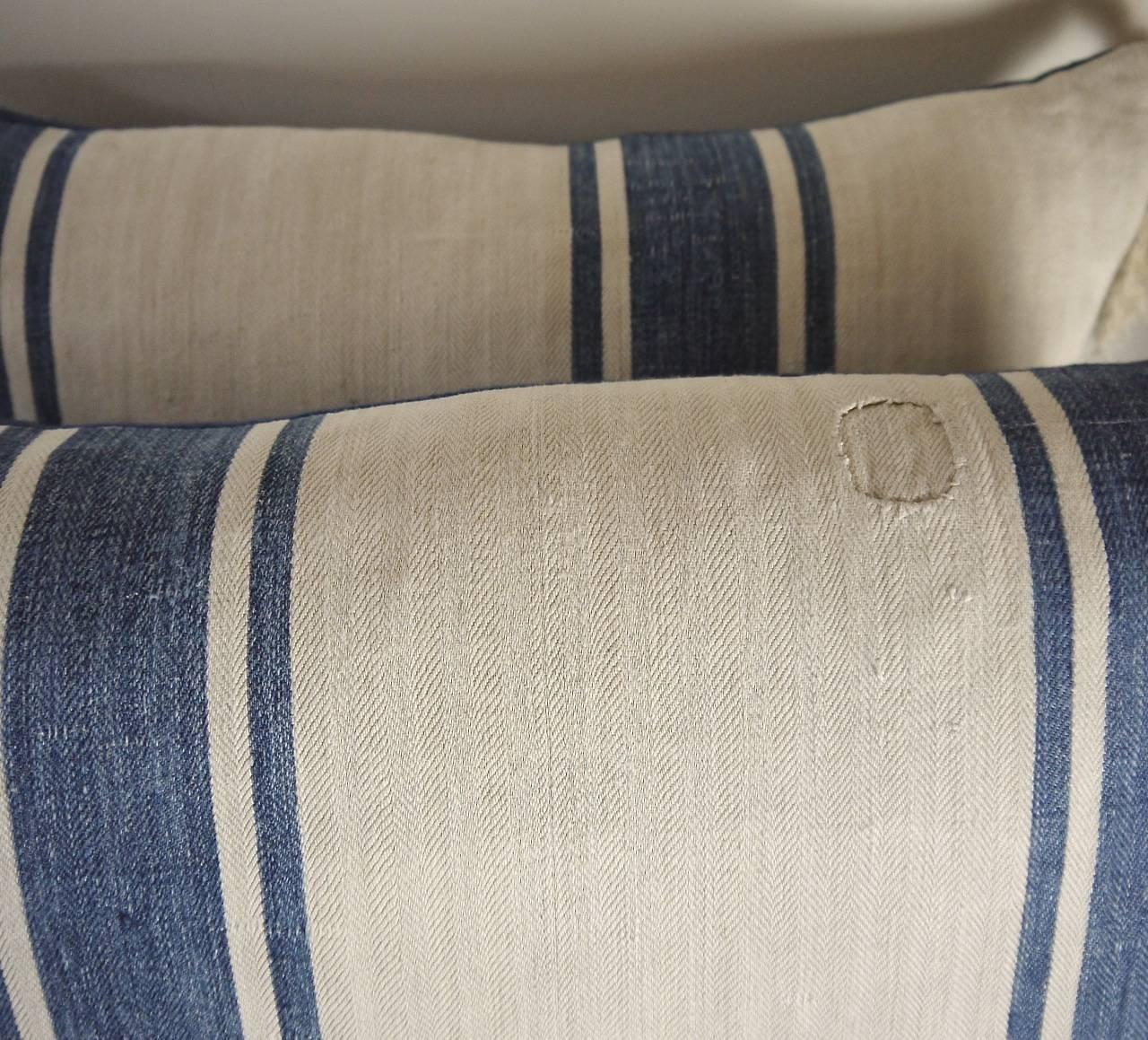 Pair of French 19th Century Indigo Linen Herringbone Ticking Pillows In Fair Condition In London, GB