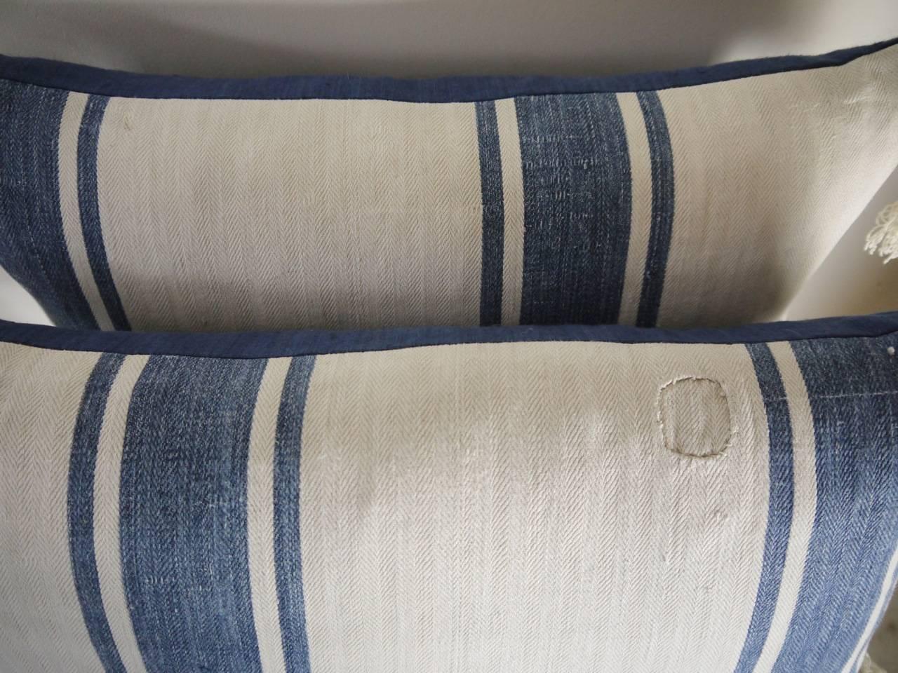 Pair of French 19th Century Indigo Linen Herringbone Ticking Pillows 2
