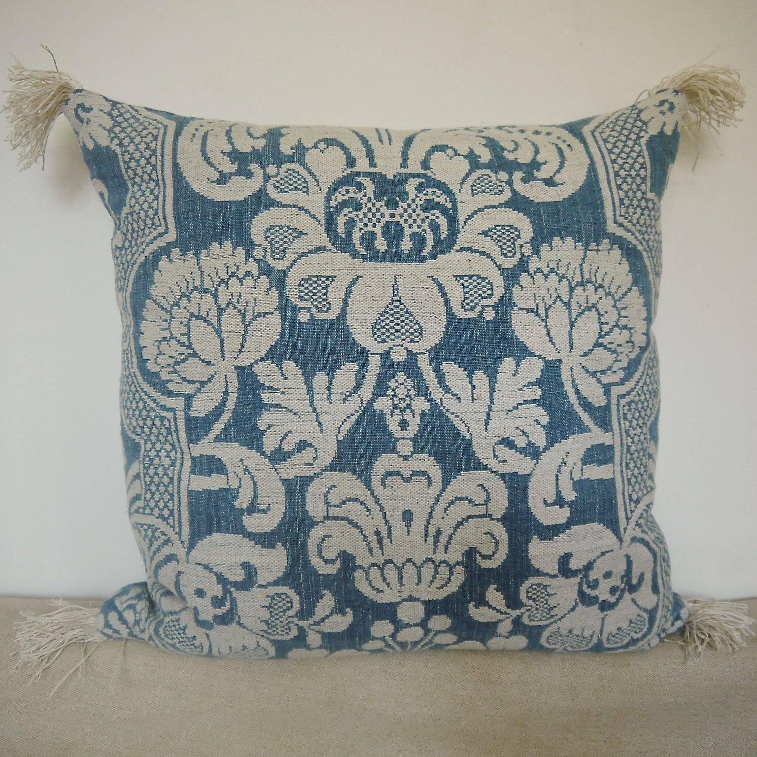1760s French Antique Toile D'abbeville Woven Blue and White Linen Cotton Pillow 1
