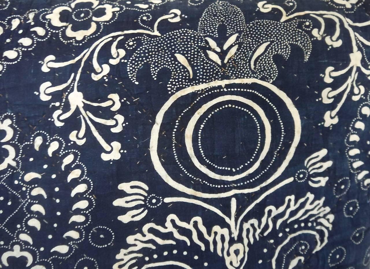 French Provincial French Antique, circa 1800s Indigo Resist Block Printed Cotton Pillow