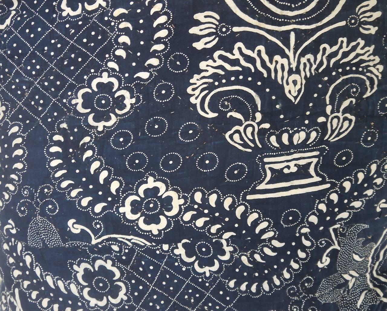 Quilted French Antique, circa 1800s Indigo Resist Block Printed Cotton Pillow