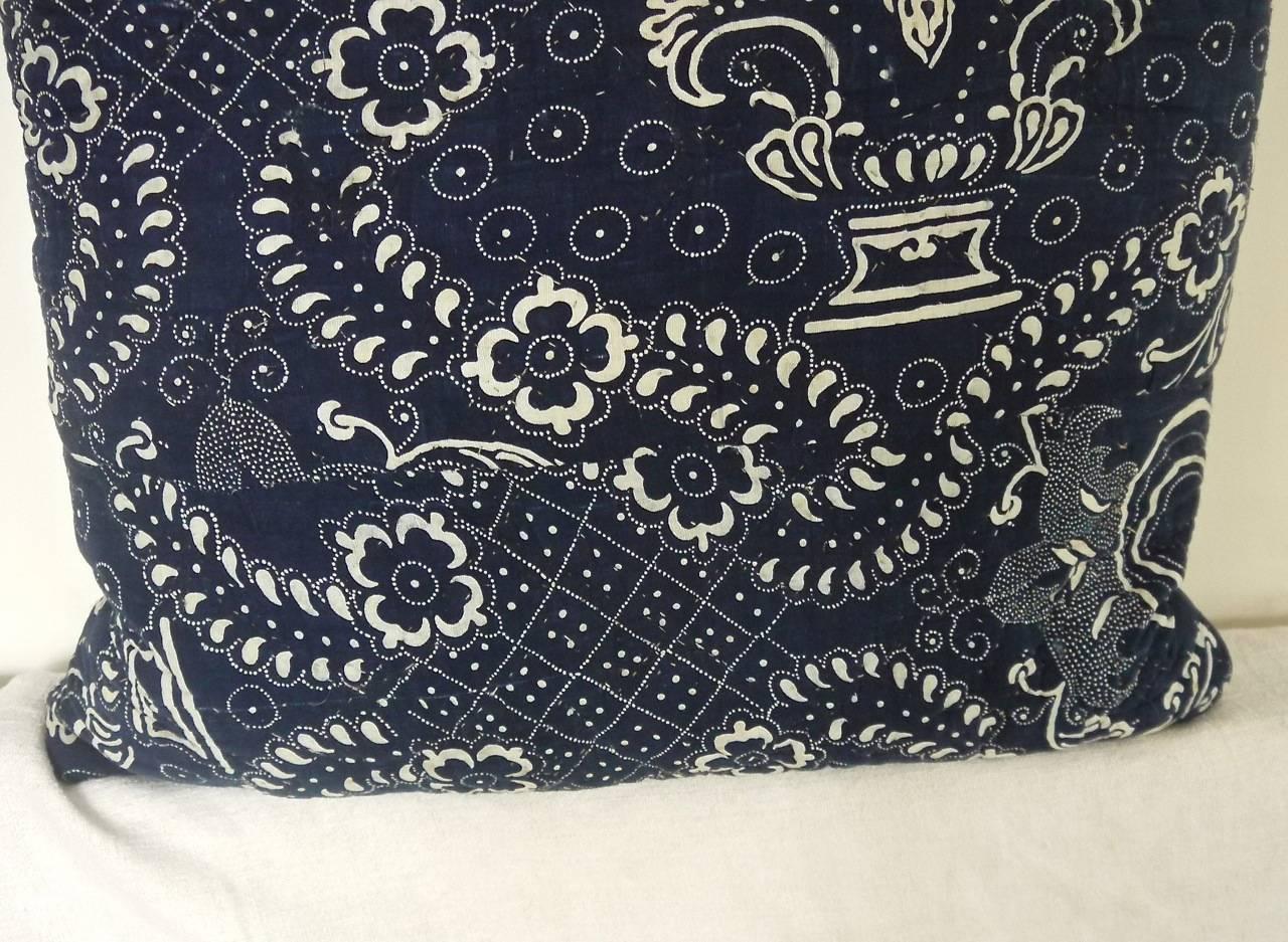 French Antique, circa 1800s Indigo Resist Block Printed Cotton Pillow In Good Condition In London, GB