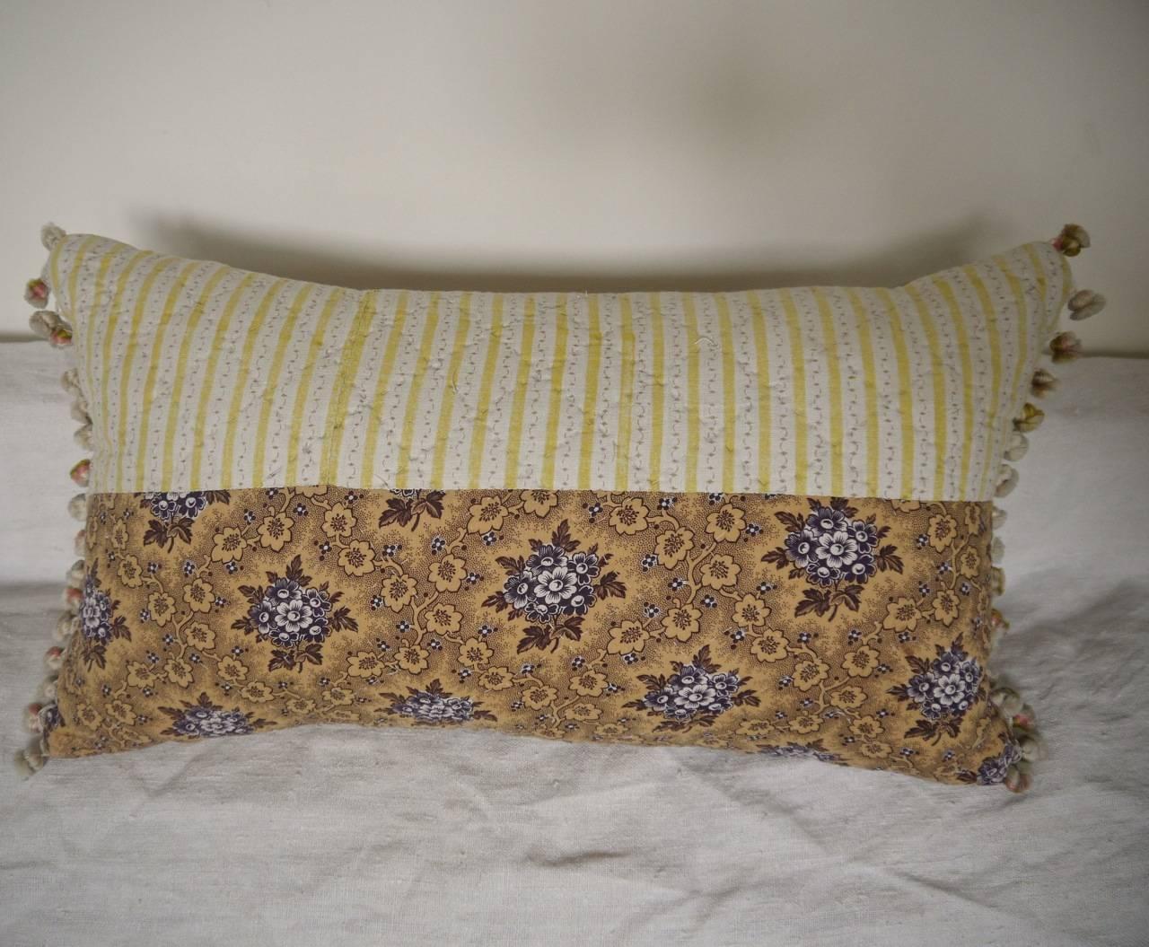 French Provincial 19th Century French Antique Printed Cotton Quilted Pillow with Bobble Trim