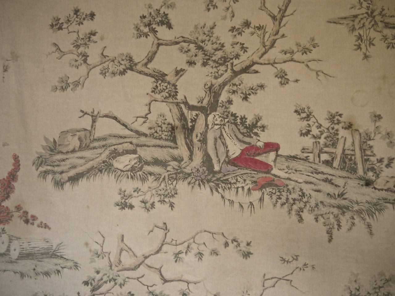 French, later 19th century large-scale toile of a sleeping figure under a large tree with spreading branches .Now prettily faded to a soft beige.