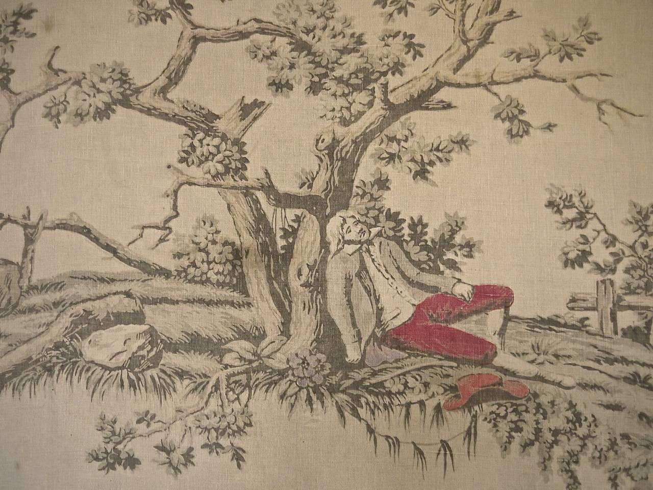 19th Century Antique French Toile Sleeping Figure Faded Linen For Sale 1