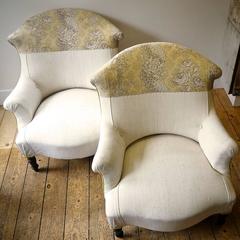 Pair of 19th Century French Antique Napoleon III Armchairs in Rose Print Linen